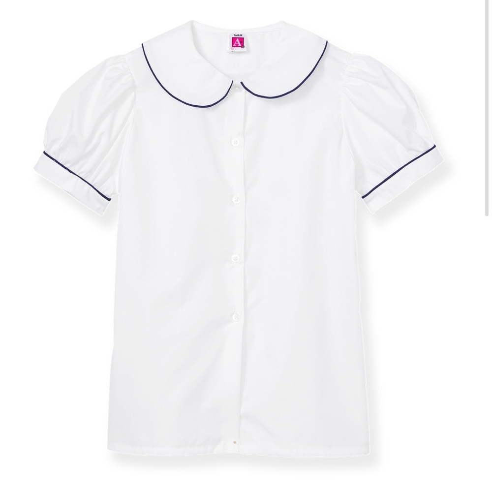 A+ White Peter Pan School Uniform Blouse Navy Blue Piping Short Sleeve Sz YM